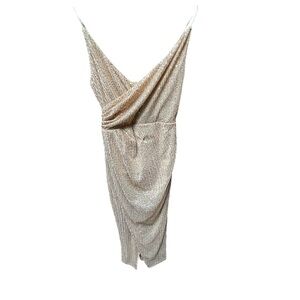 Double Crazy Surplice V-Neck Fitted Dress In Nude with Gold Sequins Small